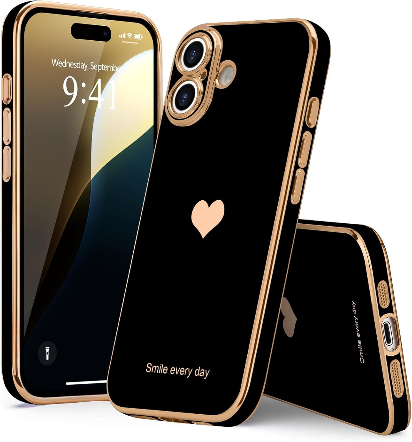 Entronix Love Heart Luxury Case for iPhone 16 Plus, Cute Slim Shockproof Bling Cover, Black